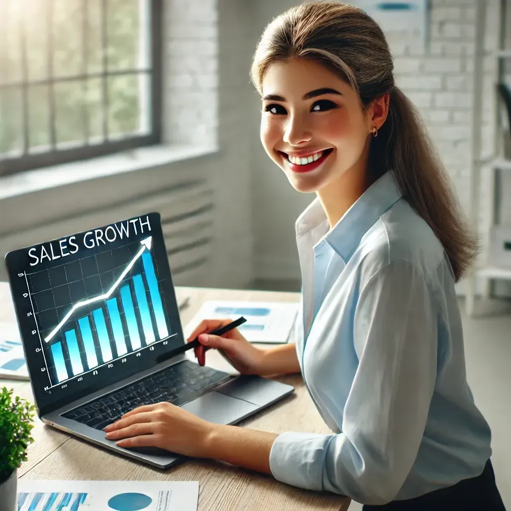 Photorealistic image of a happy female small business owner sitting at a desk, reviewing sales growth data on a laptop screen. The screen displays an upward-trending graph, symbolizing the success of a marketing campaign, in a bright, modern office setting.