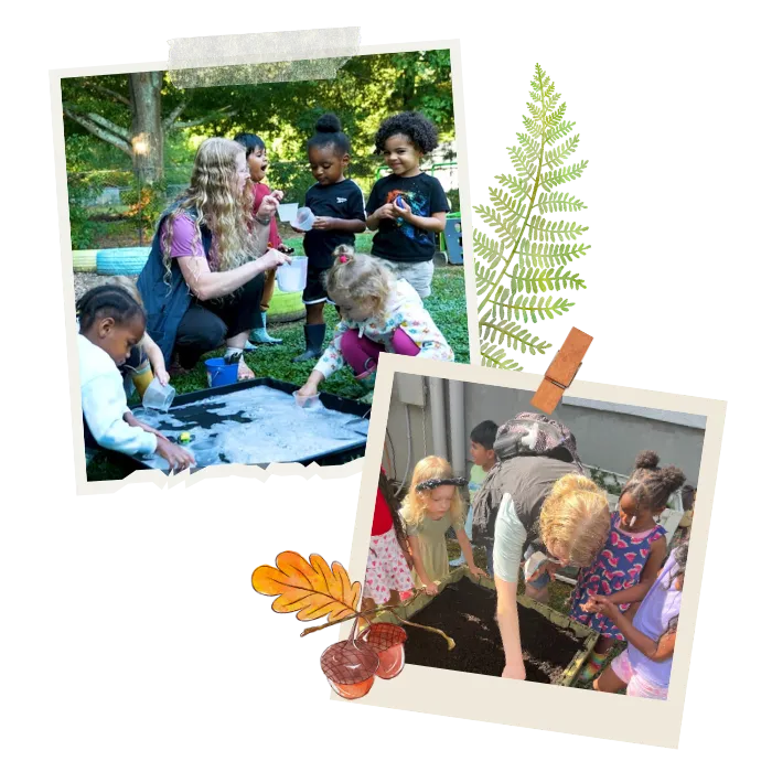 Toddlers touching tree and leaves at Hopscotch Academy in (Location)