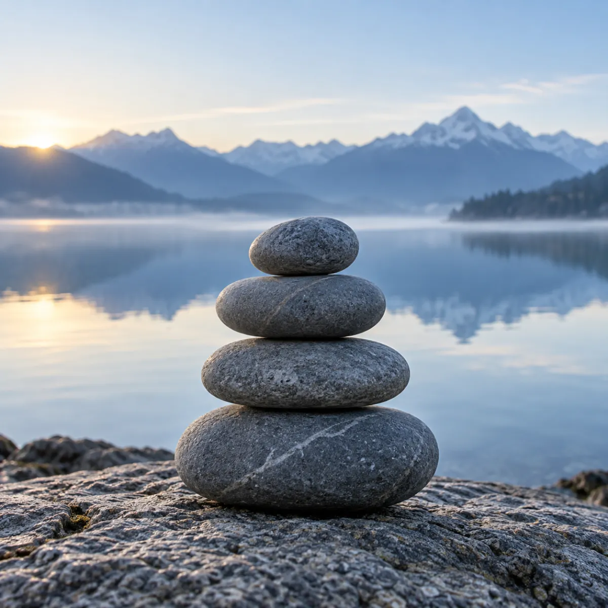 Balanced stones beside a mountain lake