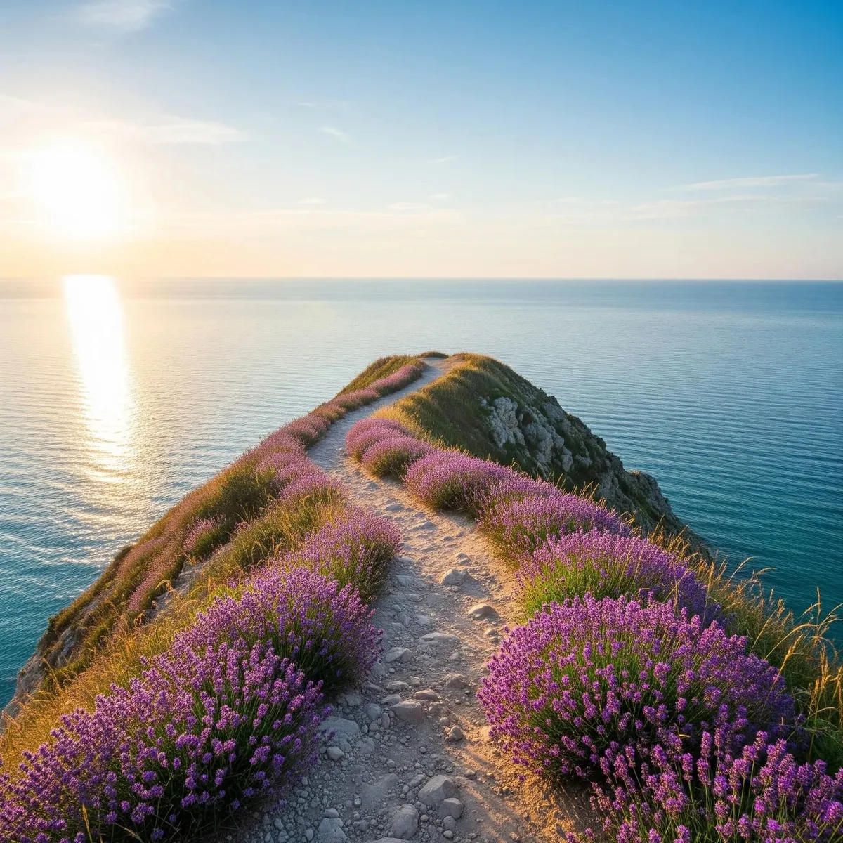 A winding path through purple flowers on a headland overlooking the sea.
