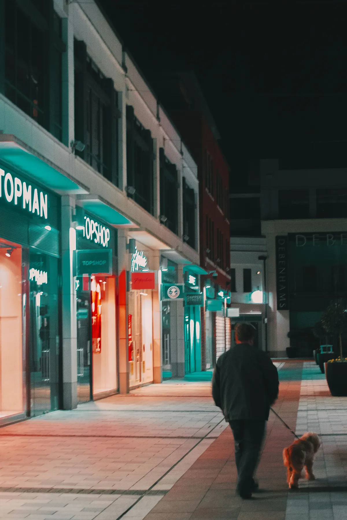 A person walking a dog along a lit street at night