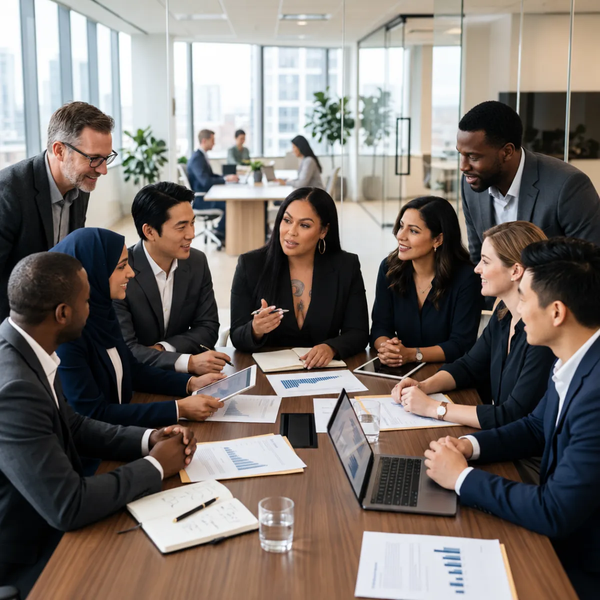 Diverse business professionals and clients collaborating in a bright, modern consultation room