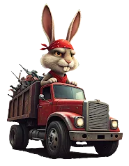 Rabbits Services logo featuring a rabbit in a red truck, offering junk removal and moving services across Southern California, including Lake Elsinore, Temecula, and Riverside