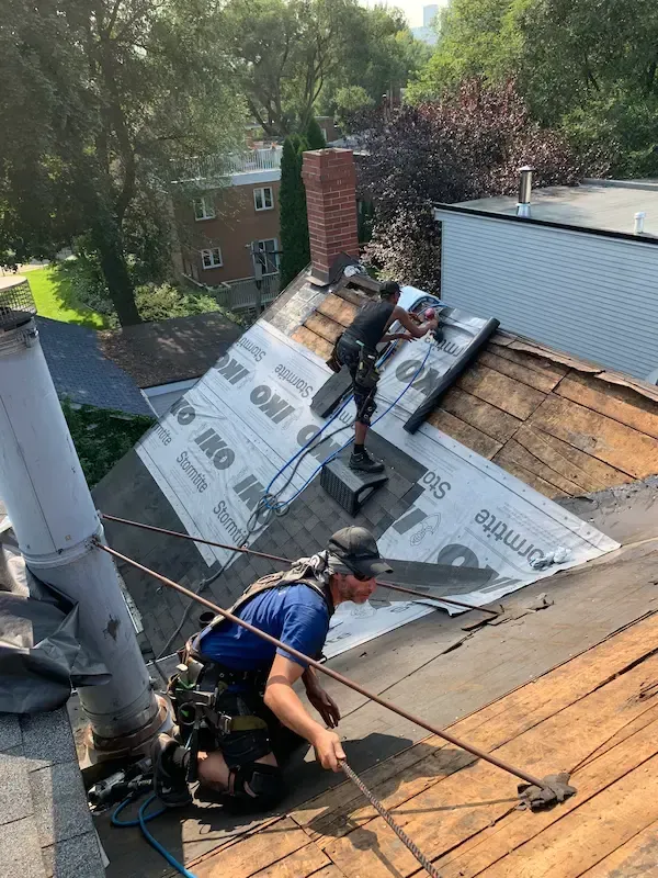Two professional roofers from A-OK Roofing performing a residential roof replacement on a steep-slope roof in a Toronto neighborhood. One harnessed roofer installs IKO Stormtite underlayment and asphalt shingles, while another harnessed roofer manages safety lines and inspects. This image illustrates master craftsmanship and safety compliance for roof installation and repair services across Toronto, East York, and the GTA.