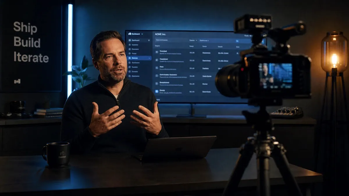 tech company manager talking to video camera on a tripod