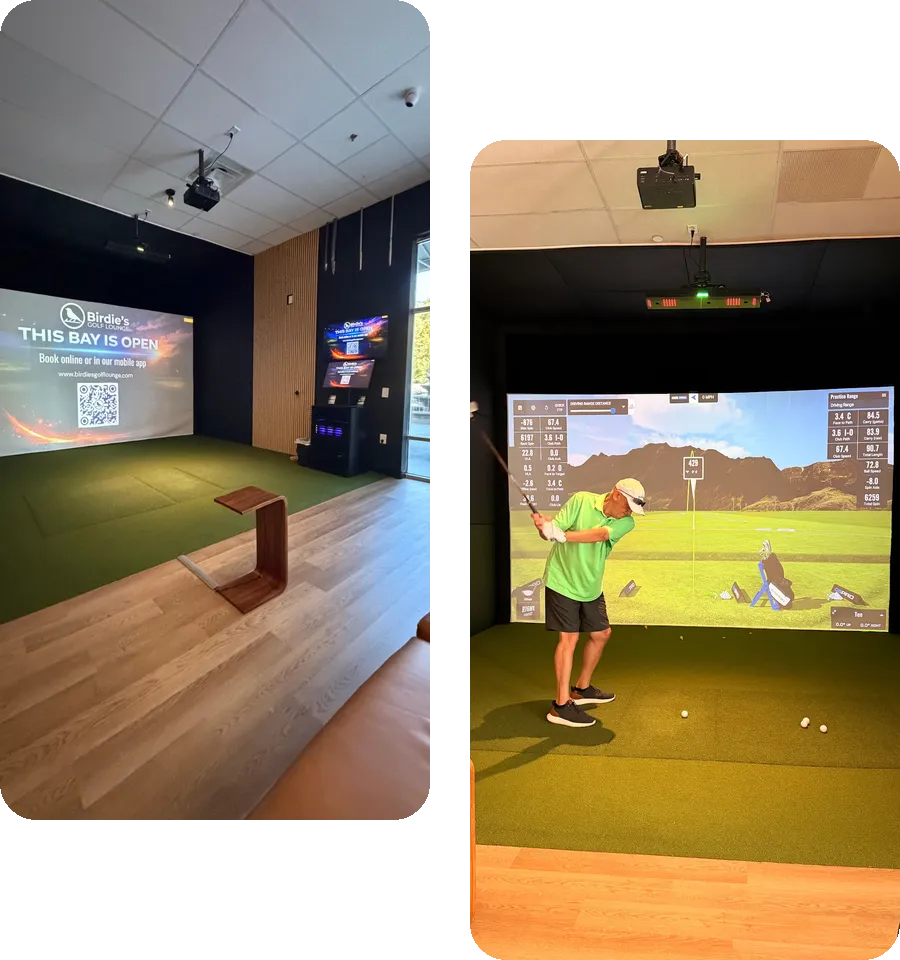 Golfers playing in the simulator bays at Birdie's Golf Lounge Smyrna