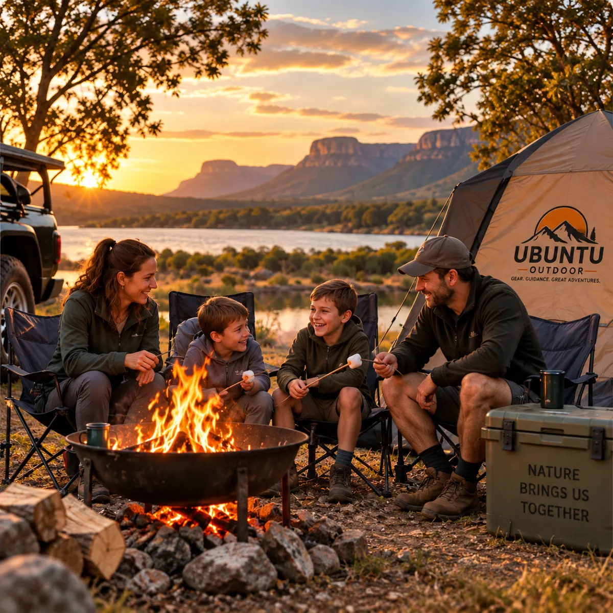 Adventurers enjoying a safe, well-equipped mountain camp at sunrise
