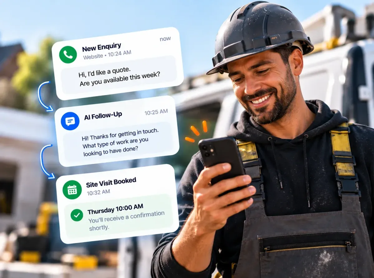 Happy builder checking phone