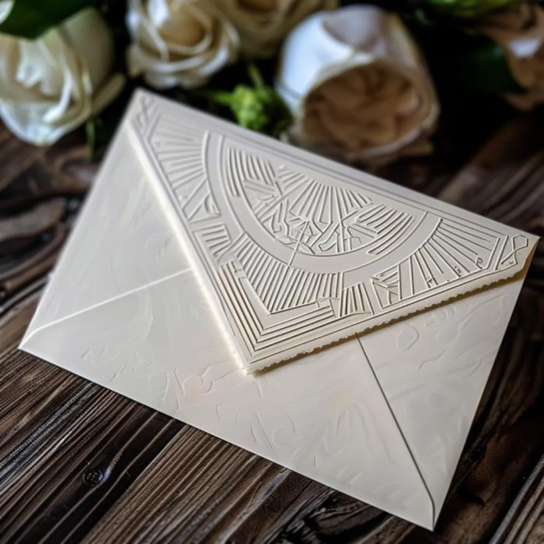 art deco blind embossed envelope for zion utah wedding invitations