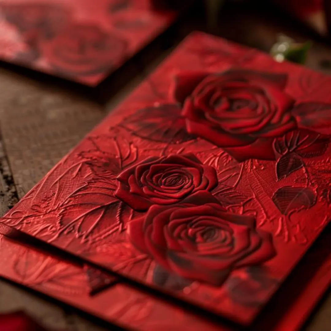 Red roses blind embossed wedding invitations.