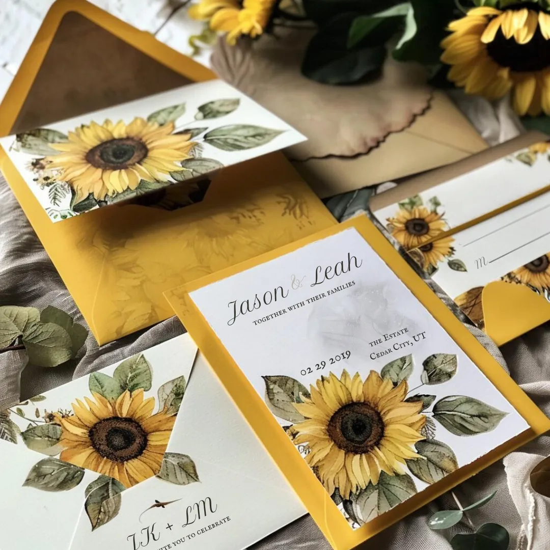 Wedding Invitation suite with sunflowers and the words "Jason % Leah" "The Estate" "Cedar City UT"