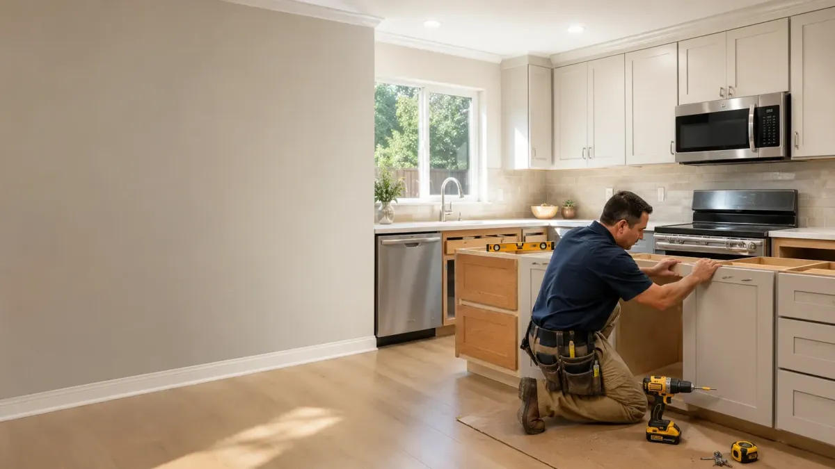 Professional installing and leveling new kitchen cabinets in a residential Ceres, CA home.