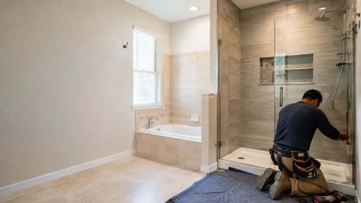 Contractor completing a tub-to-shower conversion with a low-threshold shower in a Ceres, CA home.