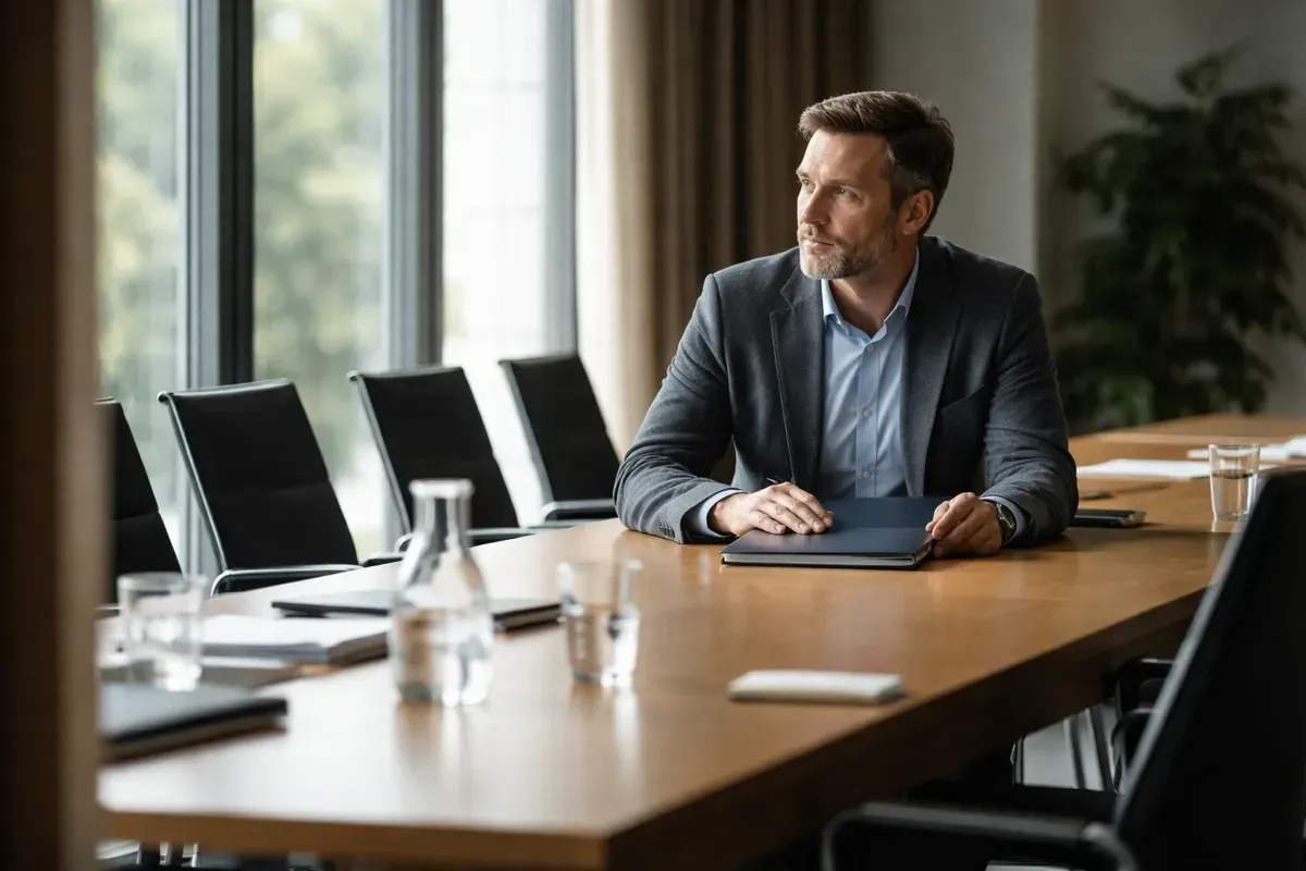 A manager pauses at a meeting room table before a disciplinary process begins, reflecting on the decision ahead.