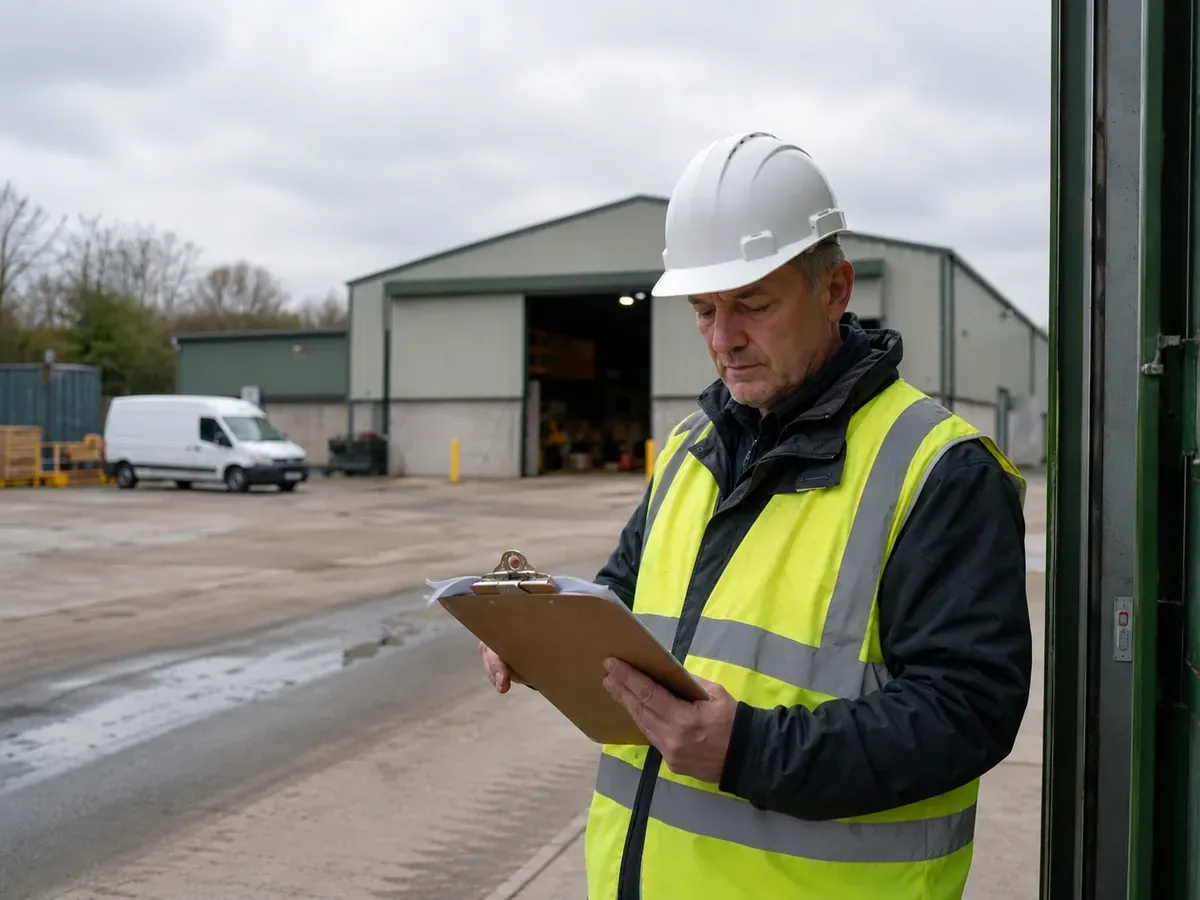 Site manager reviewing contractor safety documentation at a UK industrial facility