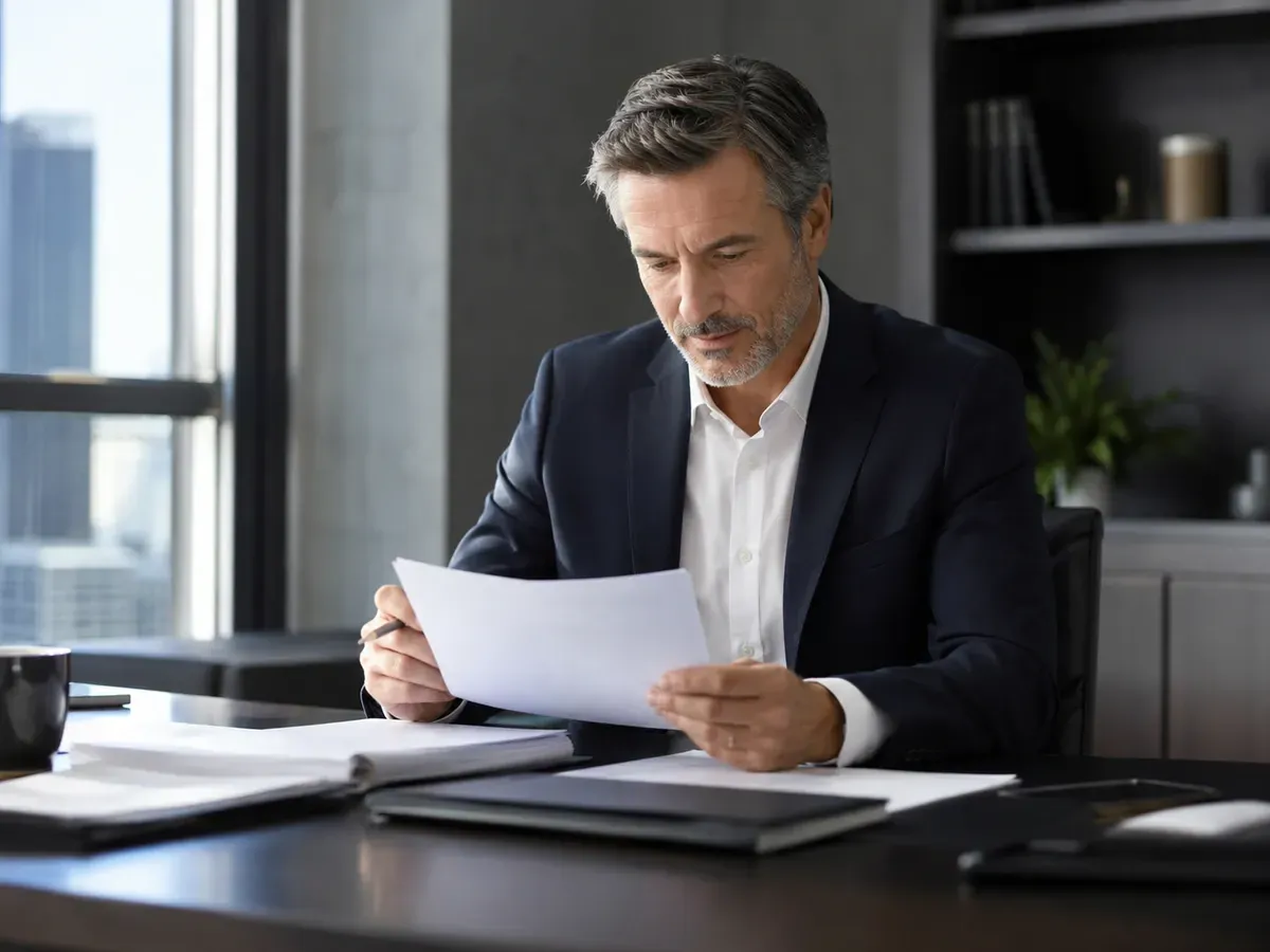 A business leader reviewing an operational process framework at a desk in a commercial workspace