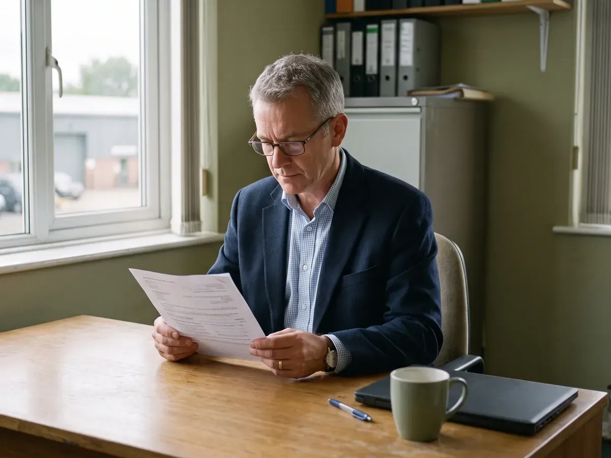 A managing director at his desk reviewing a printed staff performance document in natural daylight.