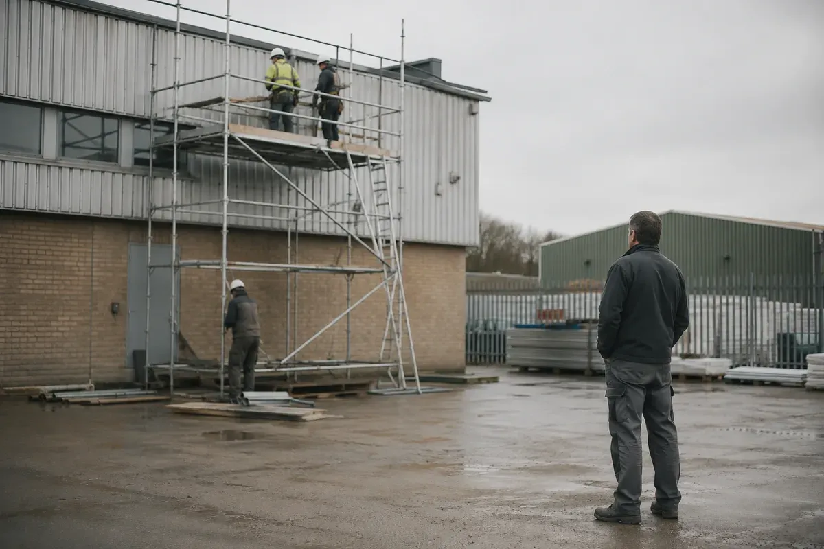 Site manager observing contractor work from a distance on a UK industrial site, illustrating contractor safety oversight.