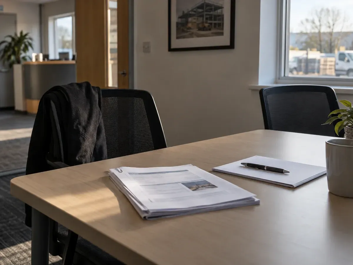 A printed occupational health report and an unopened notepad on a small meeting room table beside two empty chairs