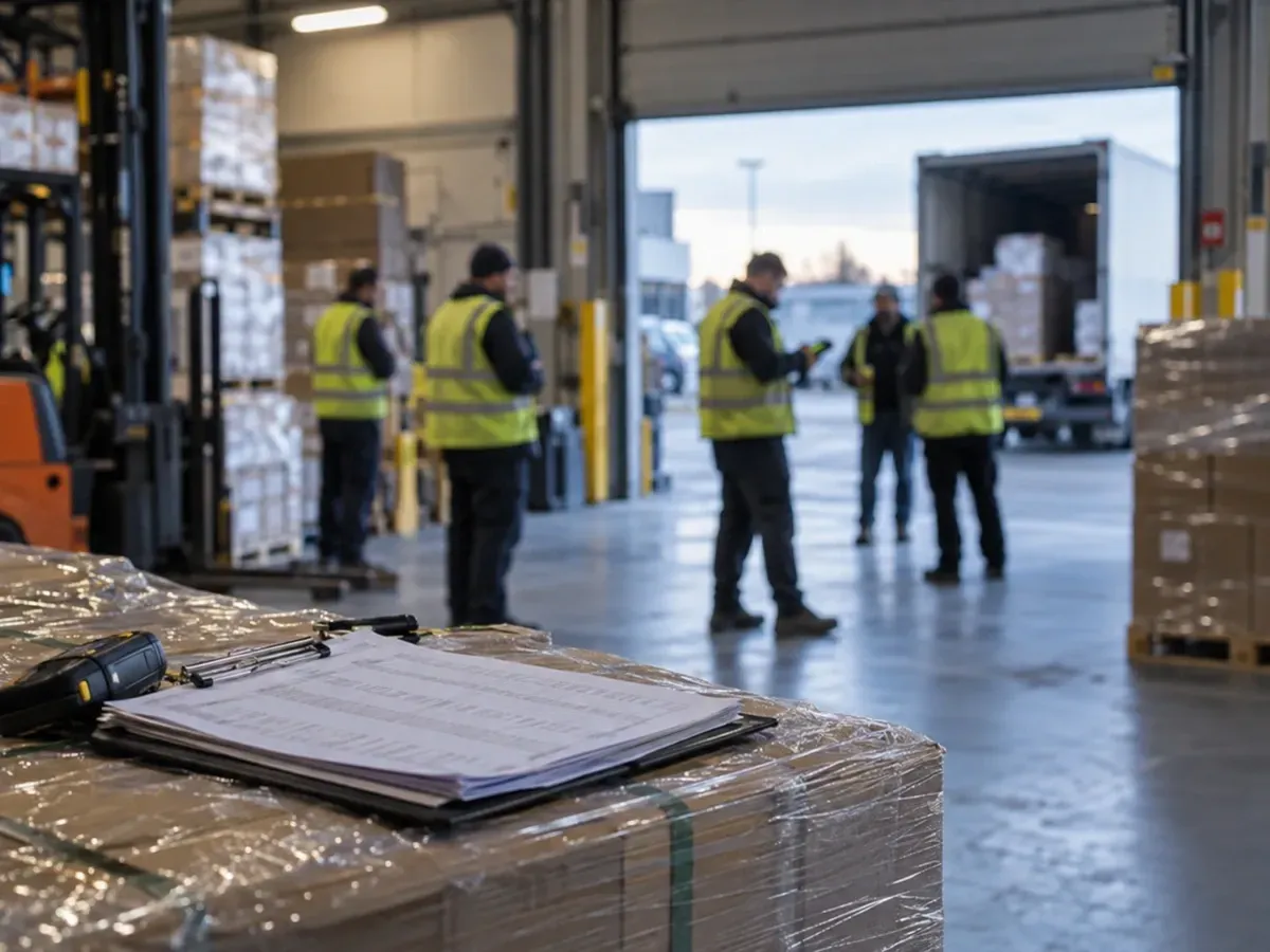 Clipboard of pick sheets on a wrapped pallet in a warehouse goods-in bay, with staff gathering for an early morning briefing in the background