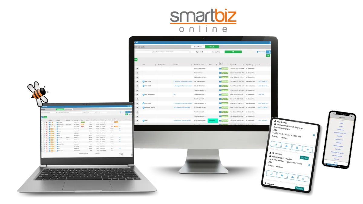 SmartBiz Online job management software displayed on desktop and mobile devices, showing scheduling, forms, and timesheets tools for trade businesses.