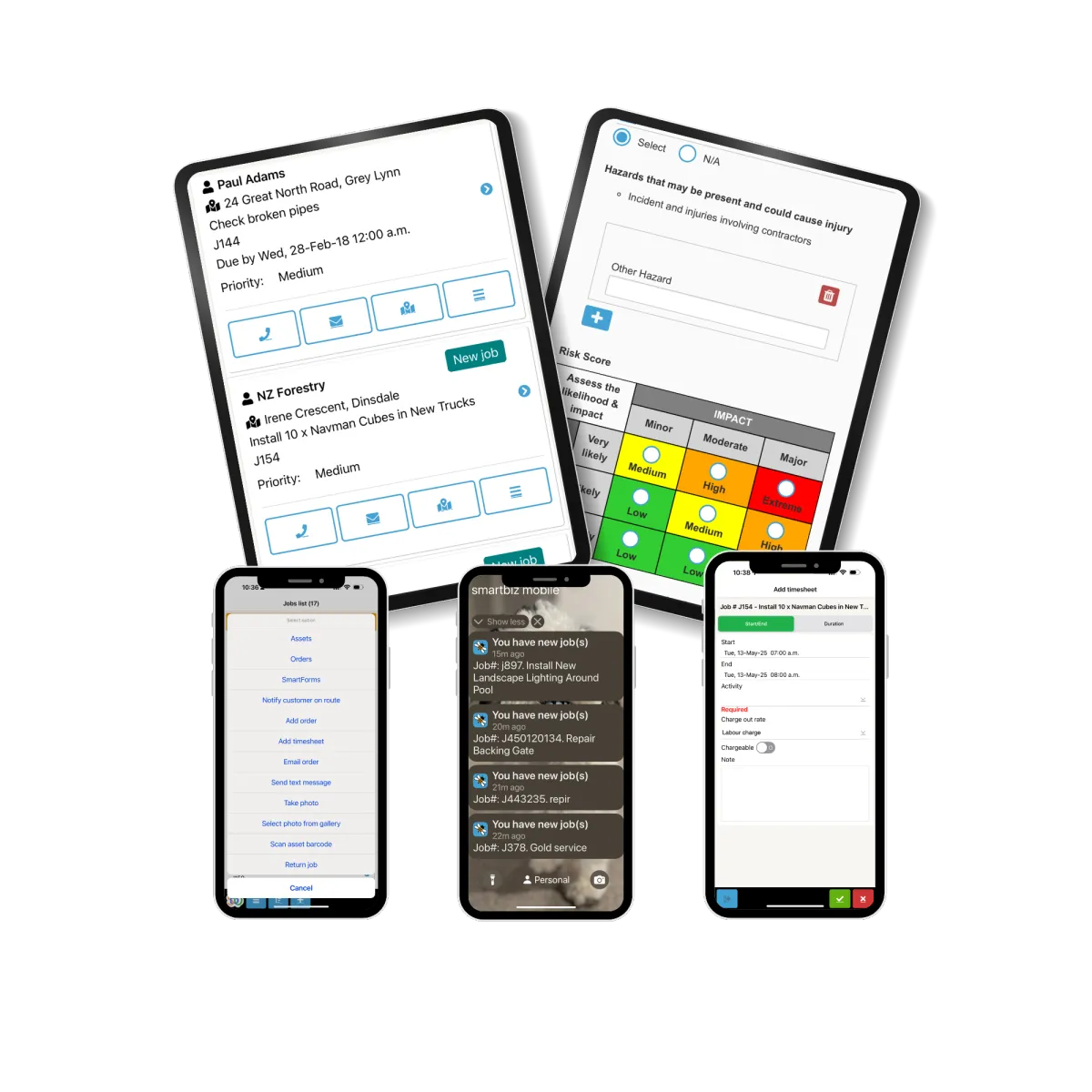 SmartBiz Online job management software displayed on desktop and mobile devices, showing scheduling, forms, and timesheets tools for trade businesses.