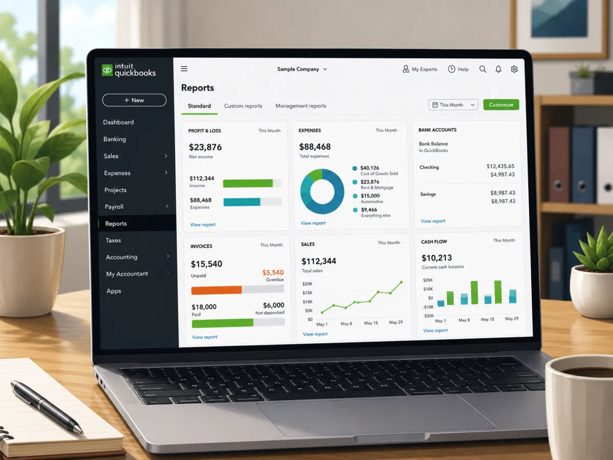 QuickBooks bookkeeping software and monthly reports on a laptop