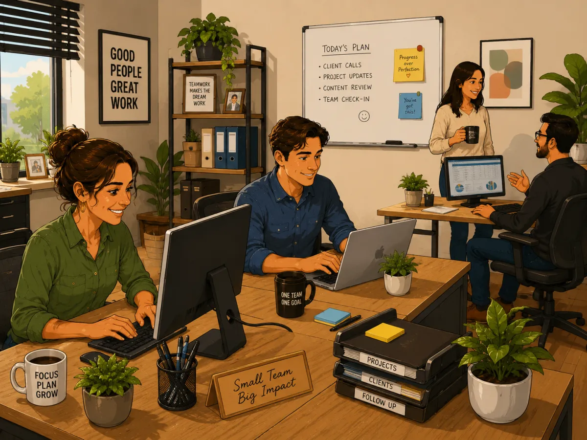 A small office team working together