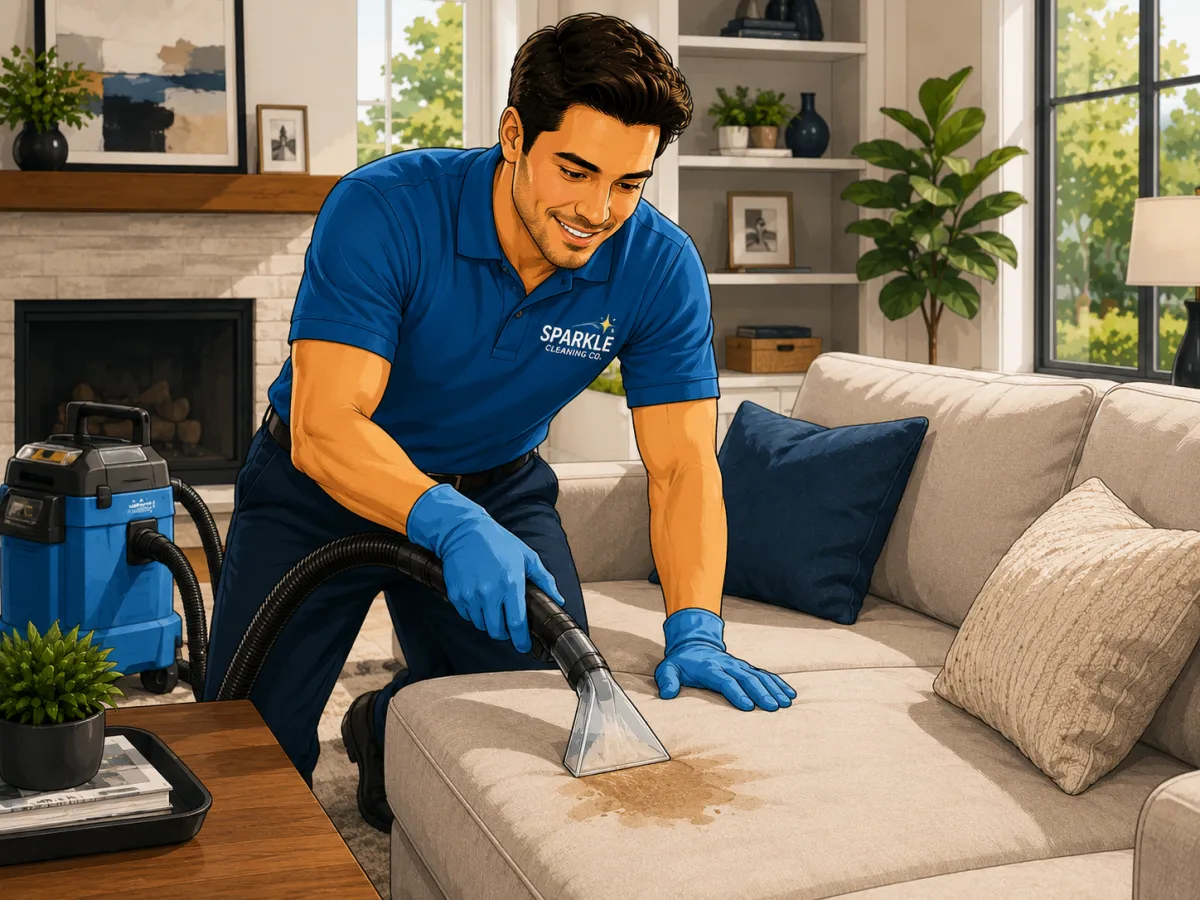 A home cleaning service professional at work in a living room