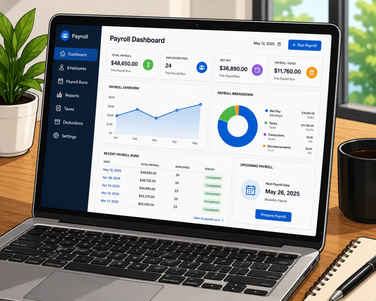 Payroll and HR software shown on a laptop