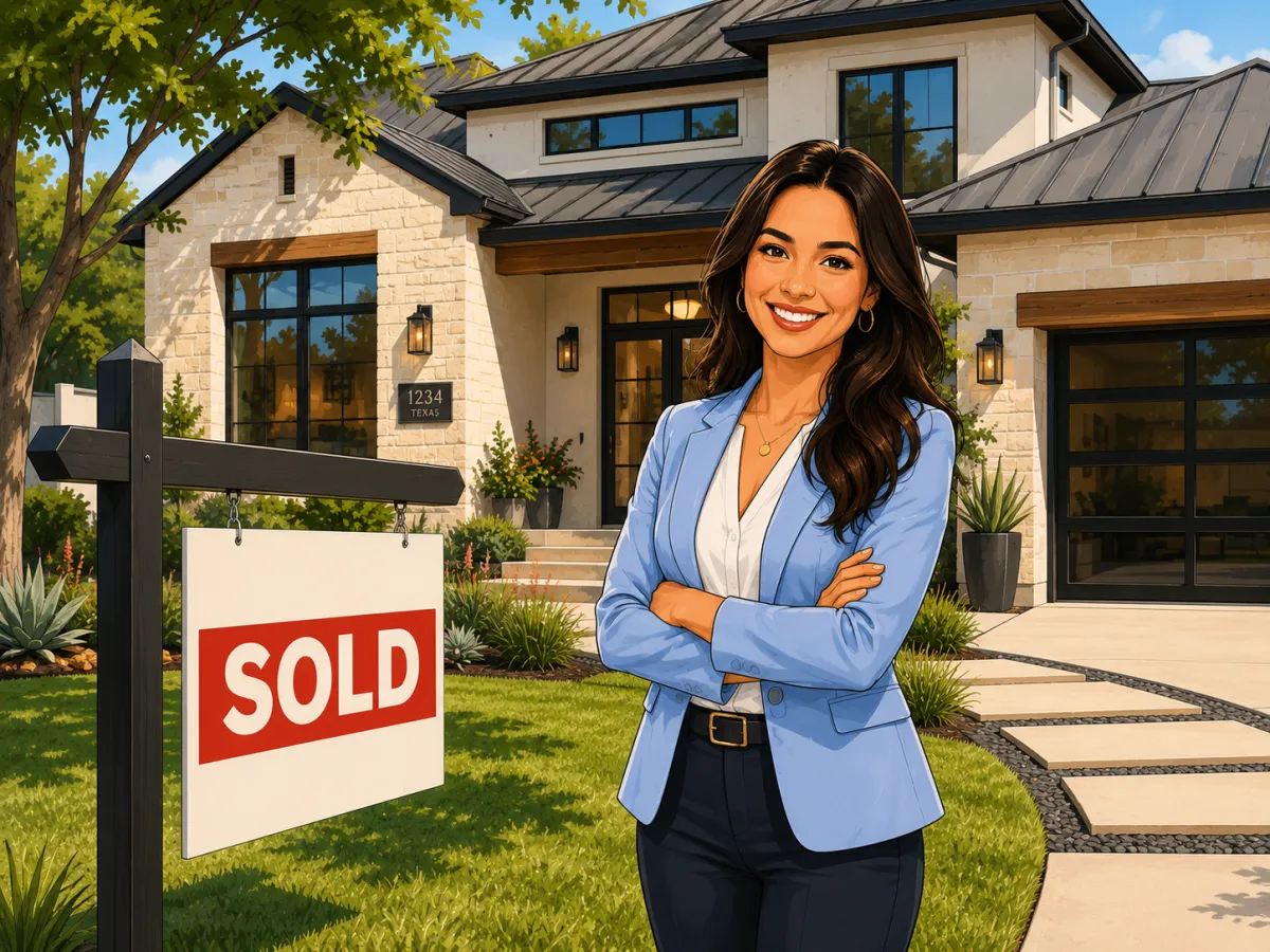 A real estate agent standing in front of a sold home