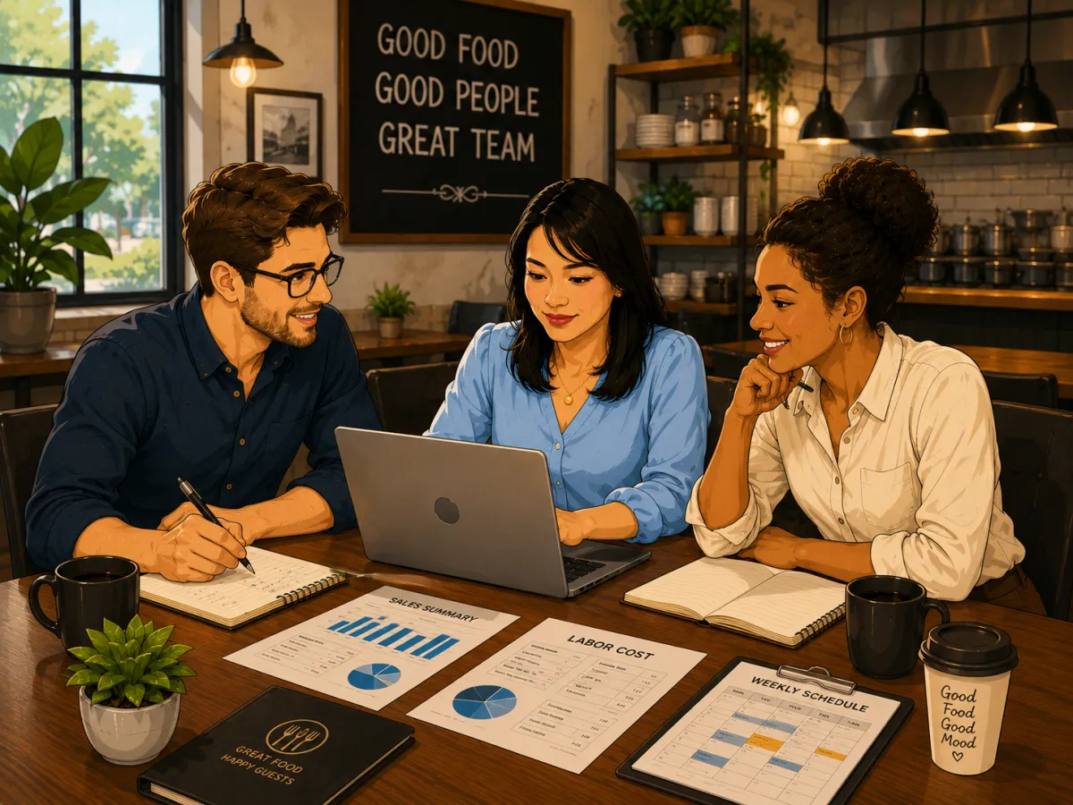 A restaurant group team reviewing sales and schedules together