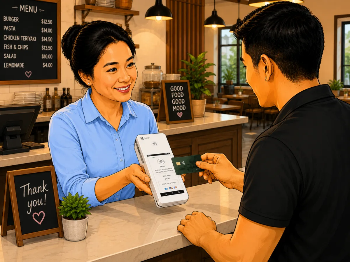 A customer paying with a card at a restaurant counter