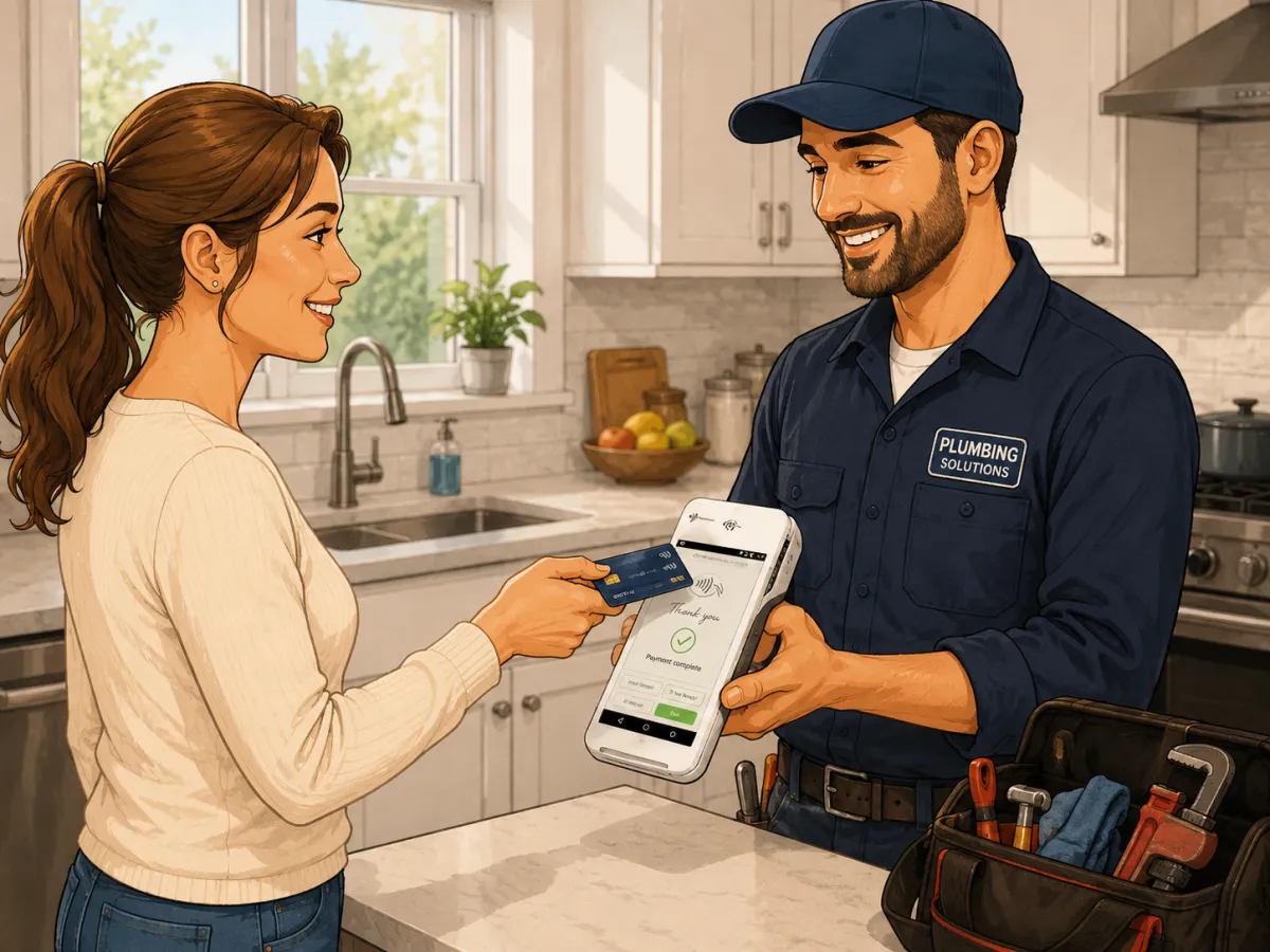 A homeowner paying a plumber with tap-to-pay