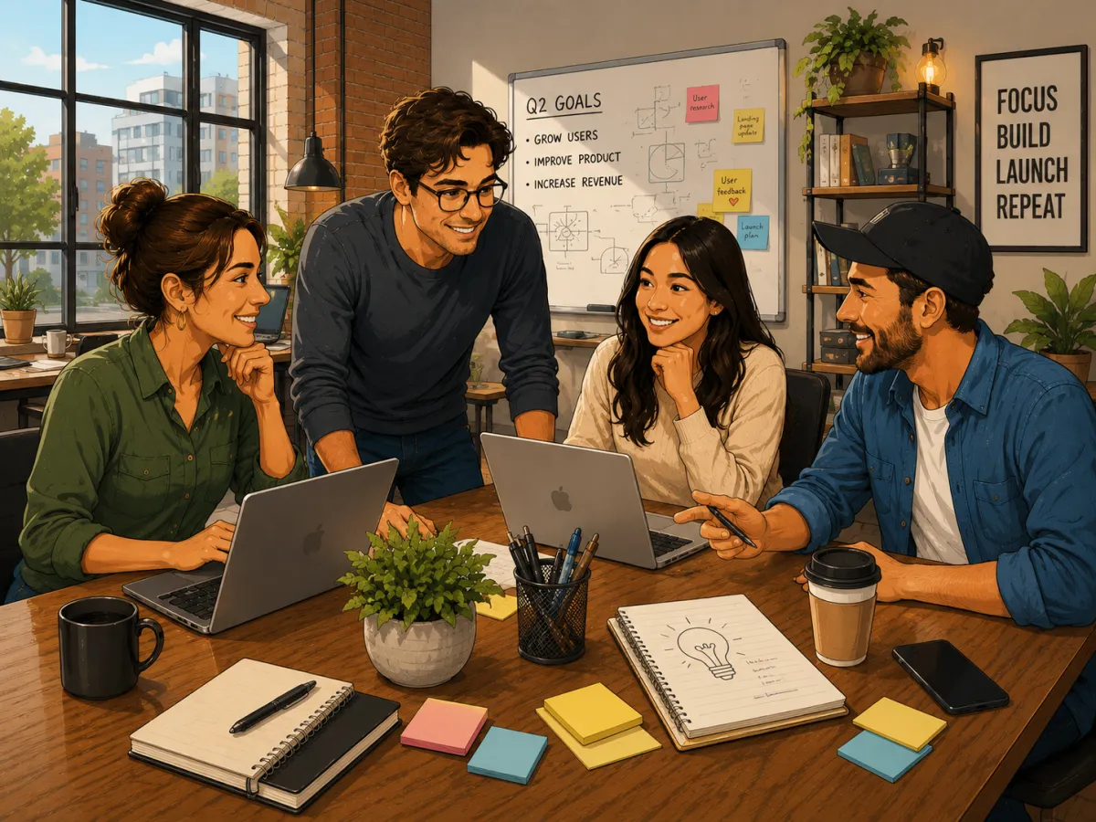 A small startup team collaborating around a table