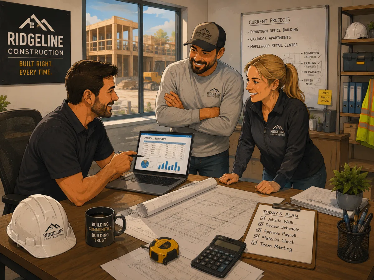 A client A construction crew reviewing payroll and project plans in the officewith a card terminal at a salon