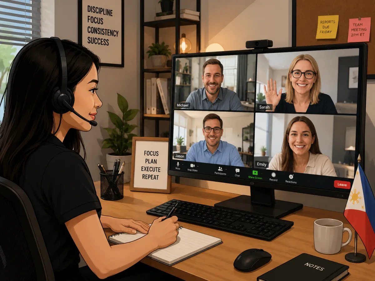 A virtual assistant on a video call managing tasks and schedule for the team