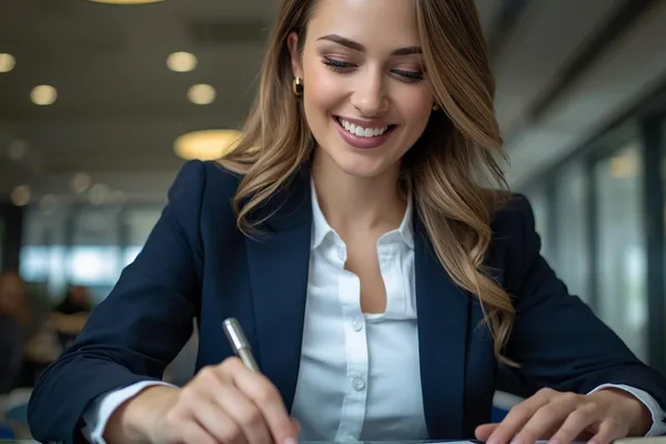 Person smiling and putting Visa stamp