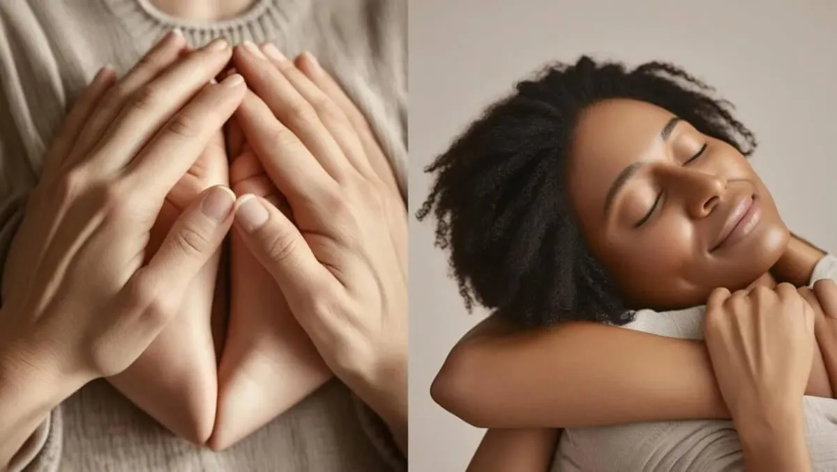 A collage featuring a woman with her hands placed over her chest, showcasing her face and hands, against an indoor backdrop.