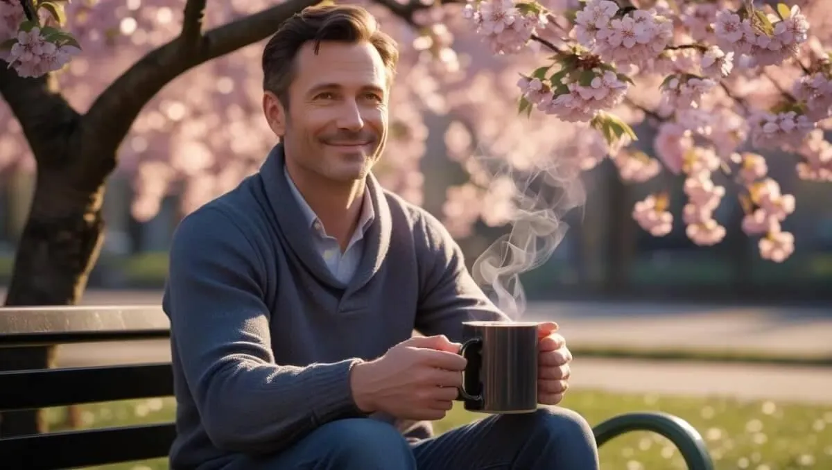A person sitting on a bench, holding a steaming mug, surrounded by blooming cherry blossom trees.