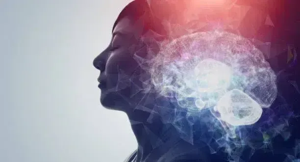 An abstract illustration of a human silhouette with a glowing brain, symbolizing intelligence and creativity.