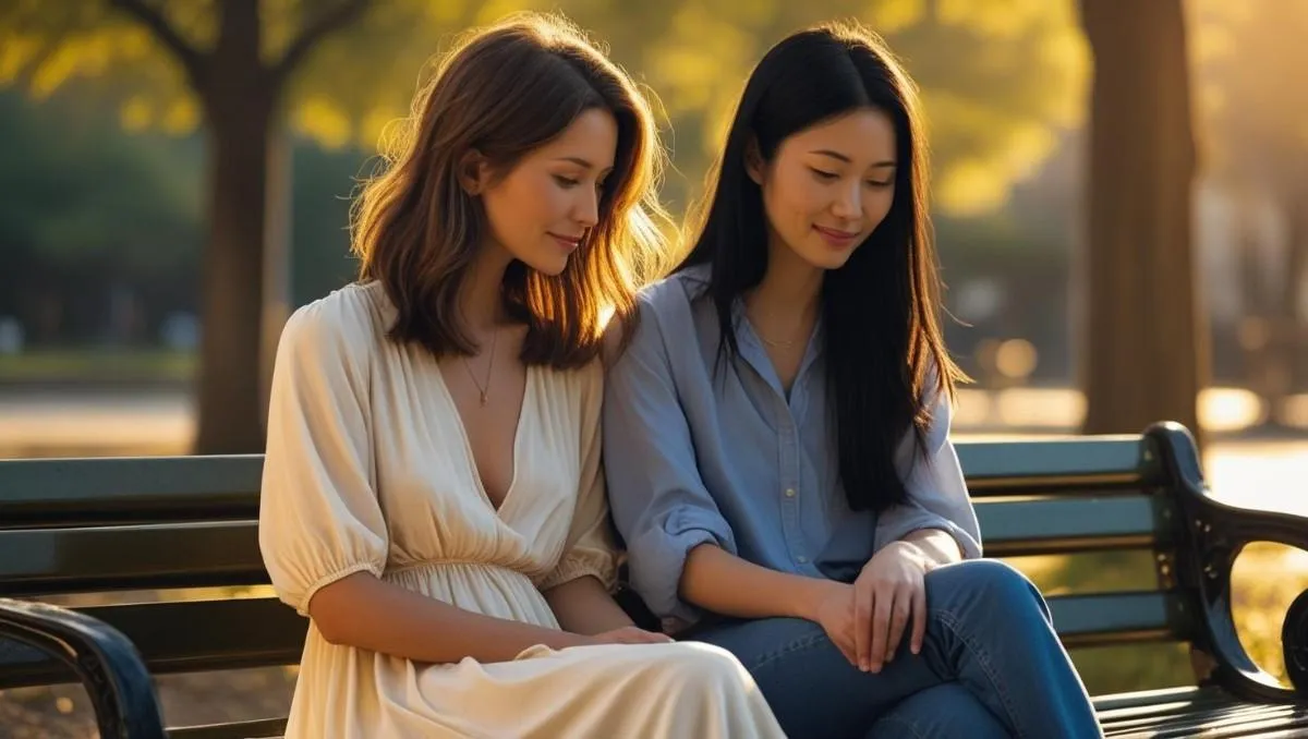 Two young women sit close together on a park bench, surrounded by warm, golden light from the setting sun.