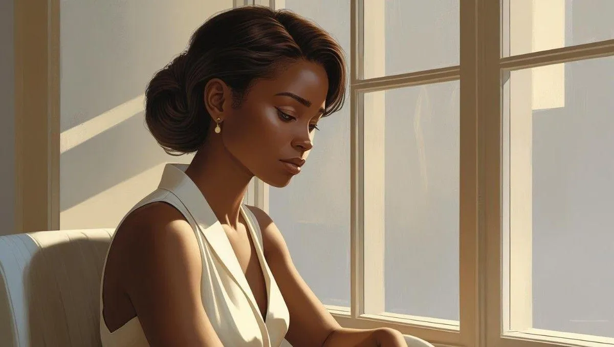 A woman looking down at a window, dressed in a robe, with shoulder-length hair, captured indoors with soft lighting.