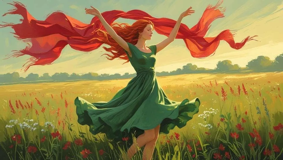 A woman wearing a green dress stands in a field with red fabric draped around her, under a clear sky.