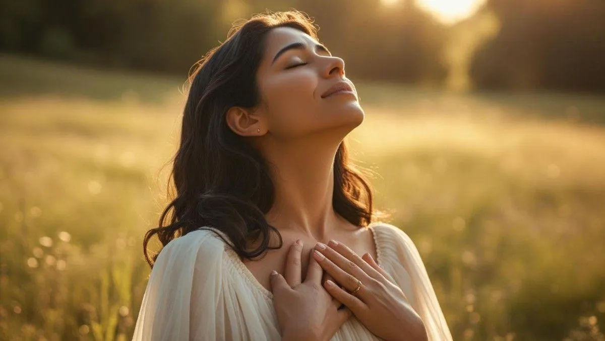 A woman with long hair is outdoors in a field, standing with her eyes closed and hands resting on her chest.