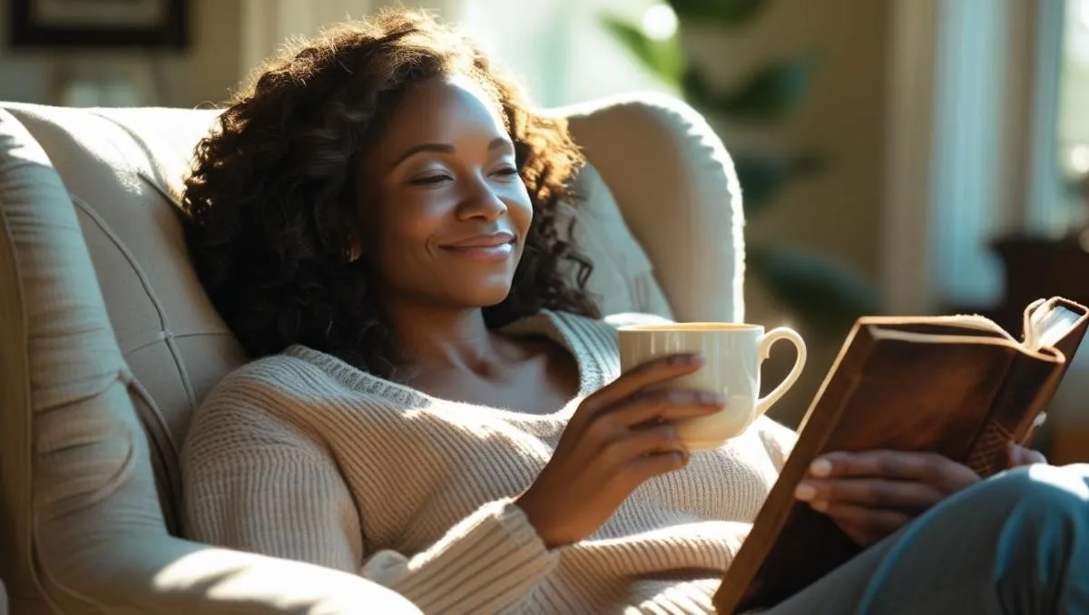 A woman sitting on a couch, holding a cup and reading a book, with a smile on her face.