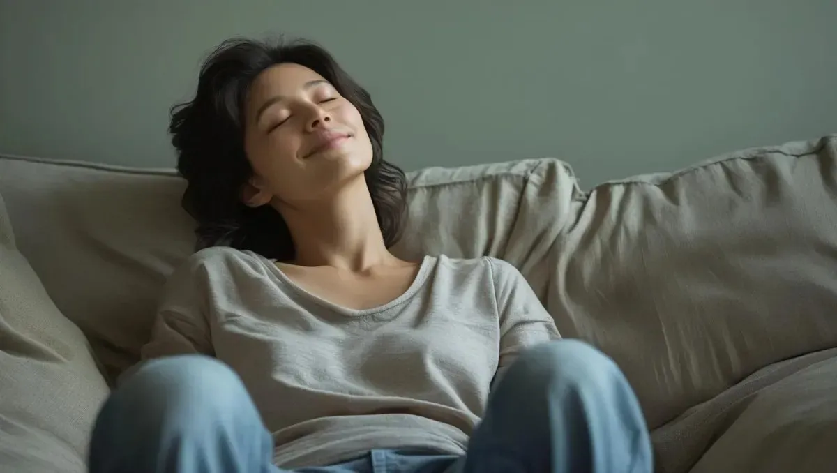 A woman sitting on a couch with her eyes closed, appearing relaxed and comfortable in an indoor setting. 