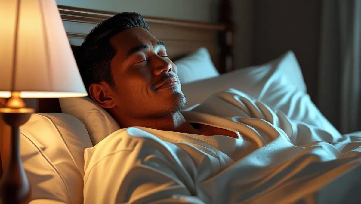 A man sleeping peacefully in bed, surrounded by soft lighting from a lampshade. The room features a wall adorned with decor.