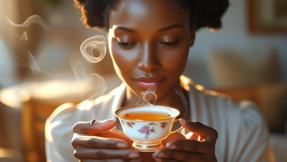 A zoomed image of a woman holding a teacup, sitting indoors at a table.