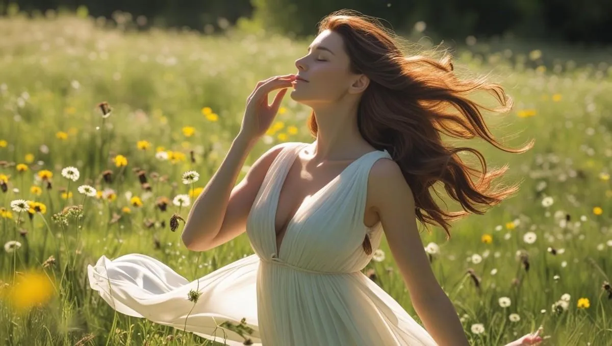 A woman with long hair wearing a white dress stands in a vibrant field filled with various flowers under a clear sky.